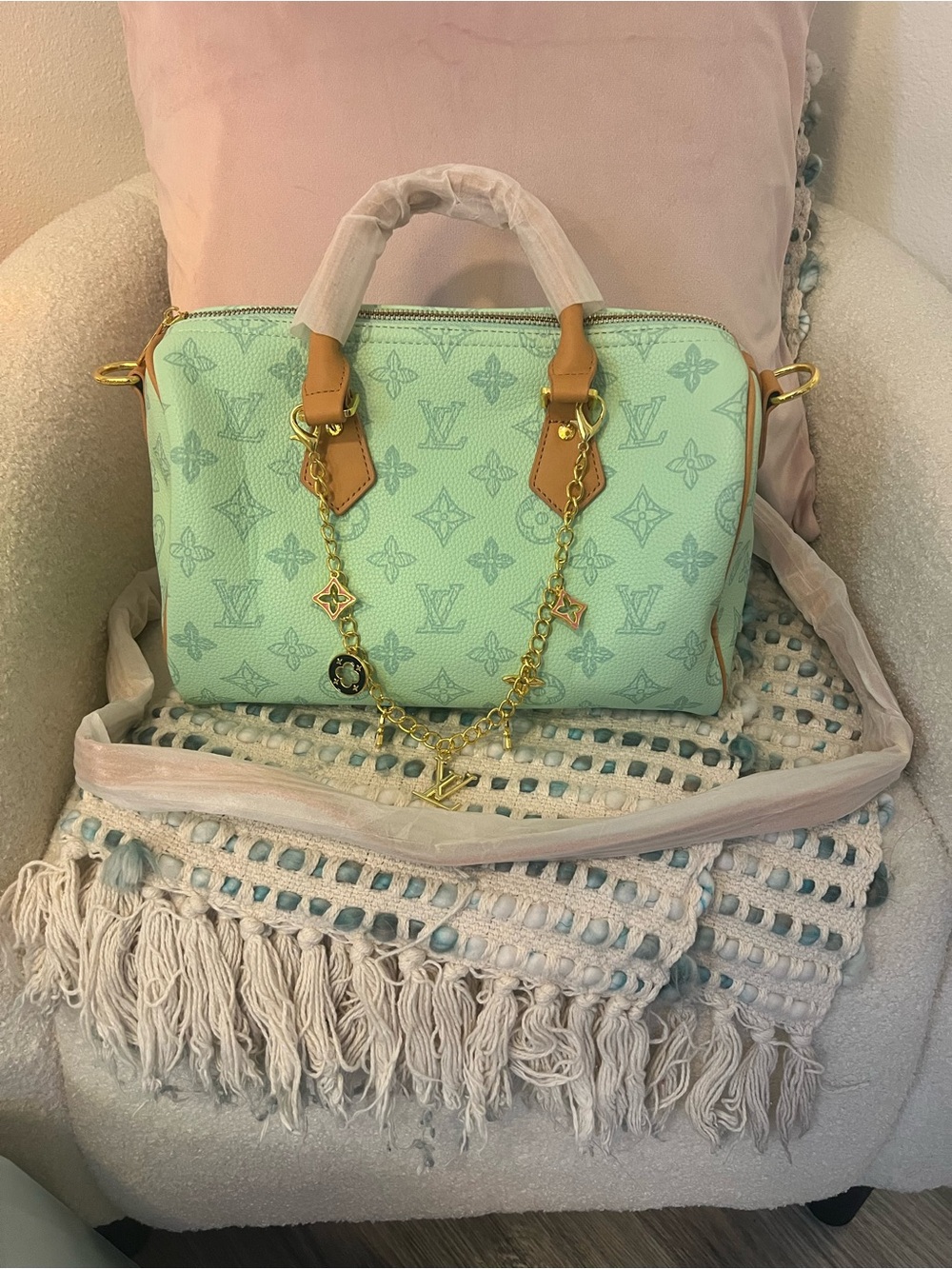 INSPIRED Mint Green Monogram Satchel with Tan Handles and Gold Chain